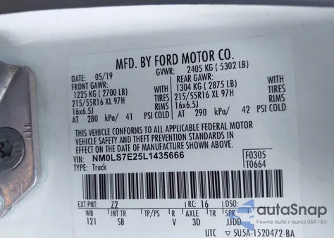 2020 Ford Transit Connect Xl из США, поврежденный, VIN NM0LS7E25L1435666